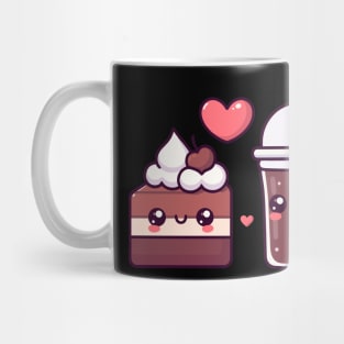 Chocolate Cake and Dark Chocolate Milkshake with a Heart | Kawaii Food Couple Art Mug